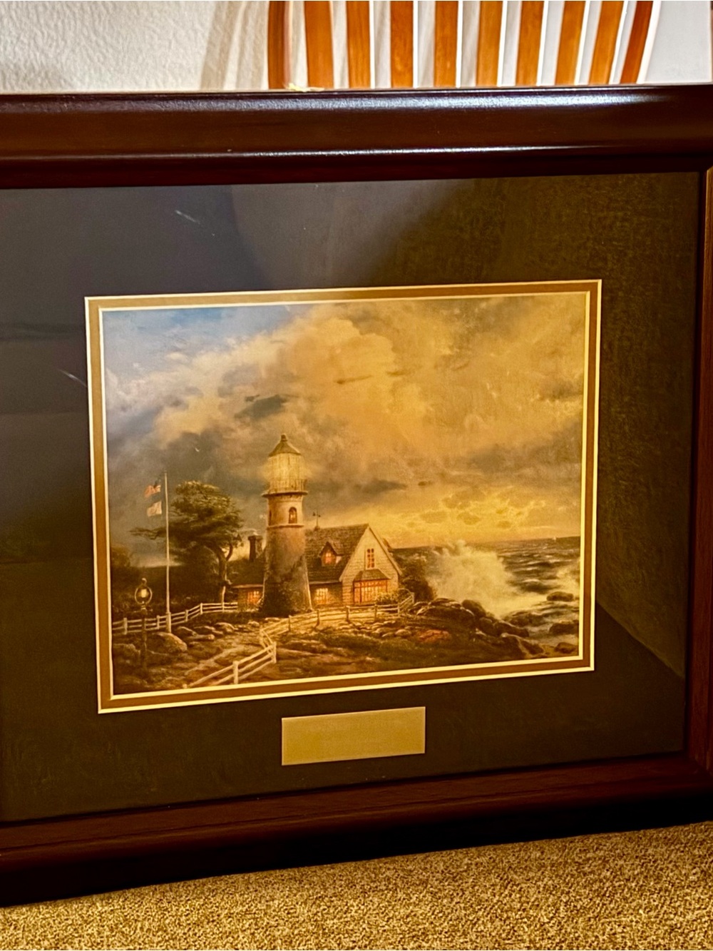 Thomas Kinkade Coastal Lighthouse Print with Brown Frame and Gold Matting